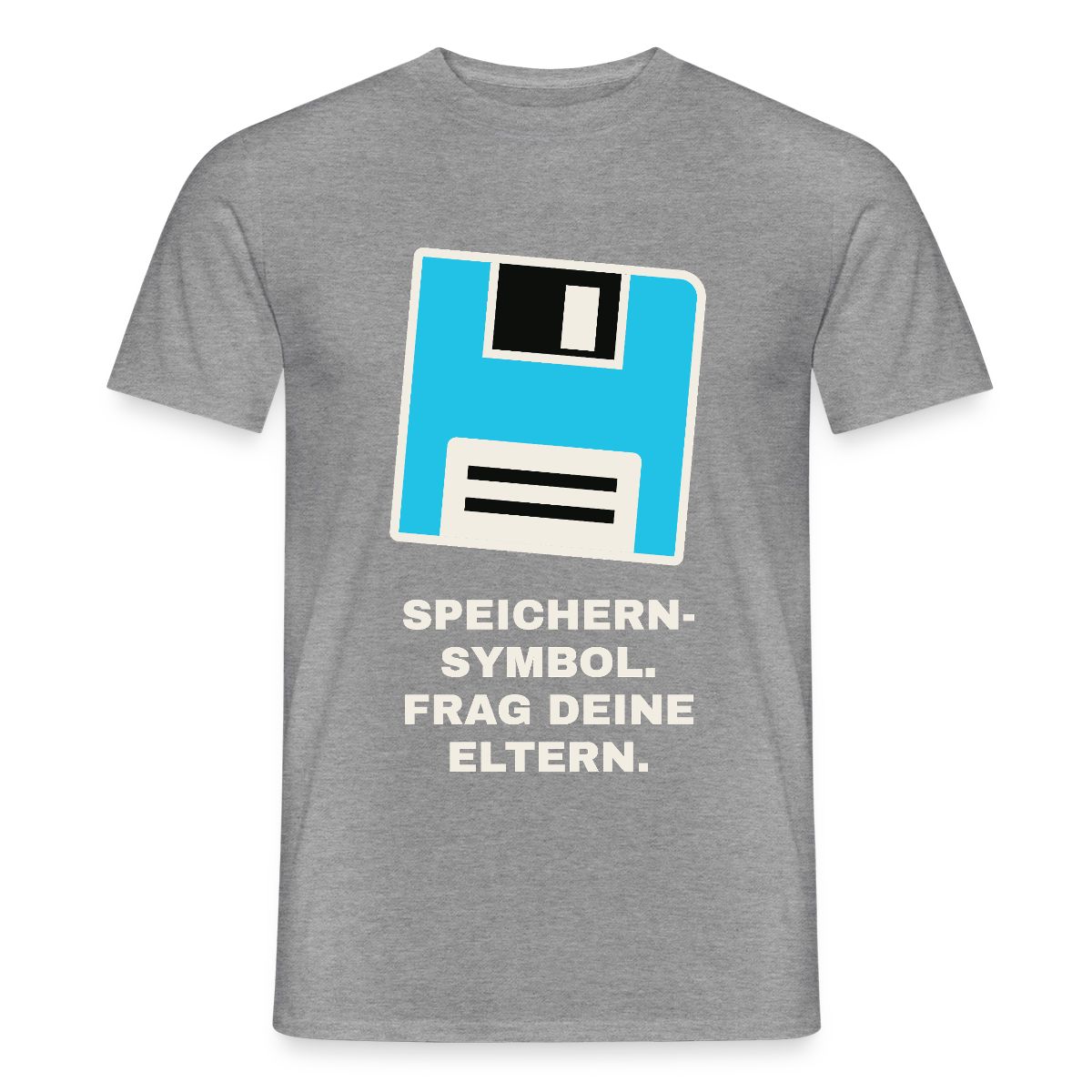 Speichern-Symbol. Frag deine Eltern. Motiv-T-Shirt für Männer, Farbe Graphit meliert