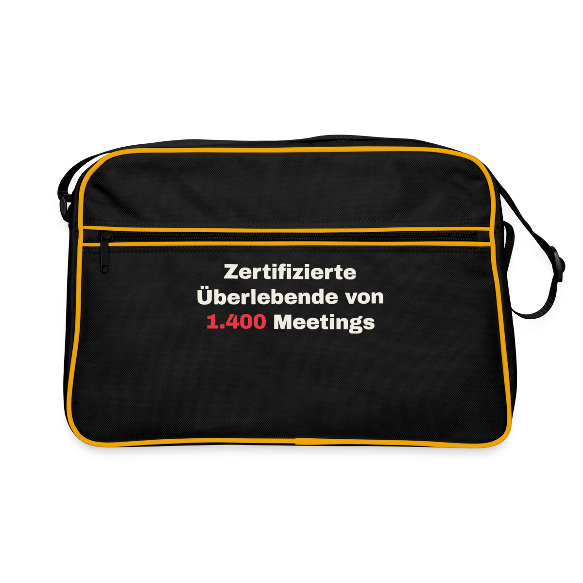 "Zertifizierte Überlebende von 1.400 Meetings" Motiv-Retro-Tasche, Farbe Schwarz/Gold