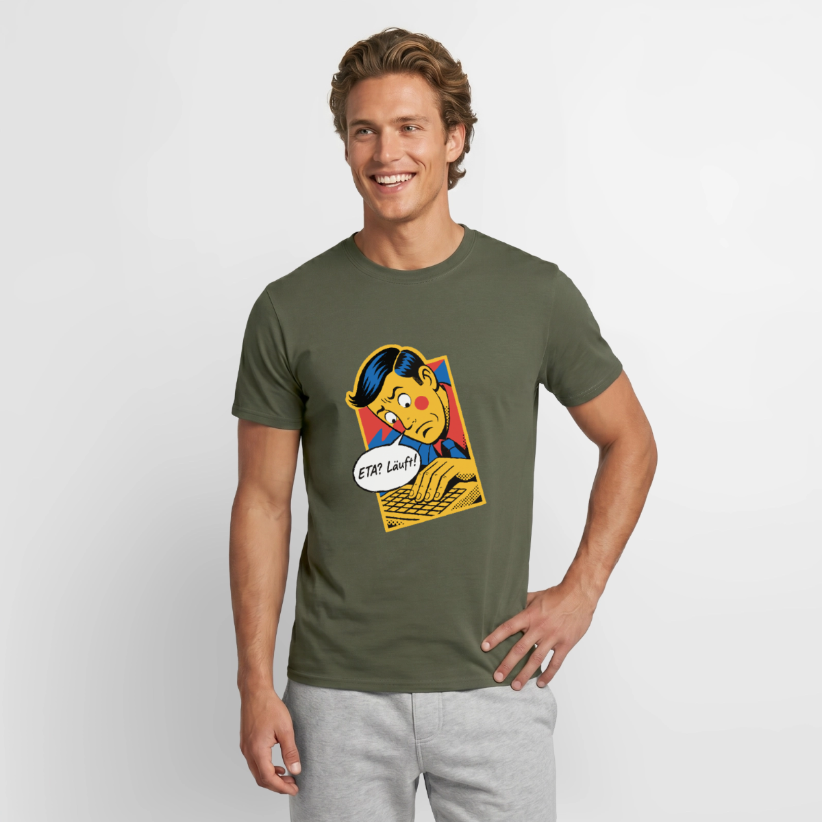 "ETA? Läuft! Popart-Motiv" Motiv-T-Shirt für Männer, Farbe Militärgrün