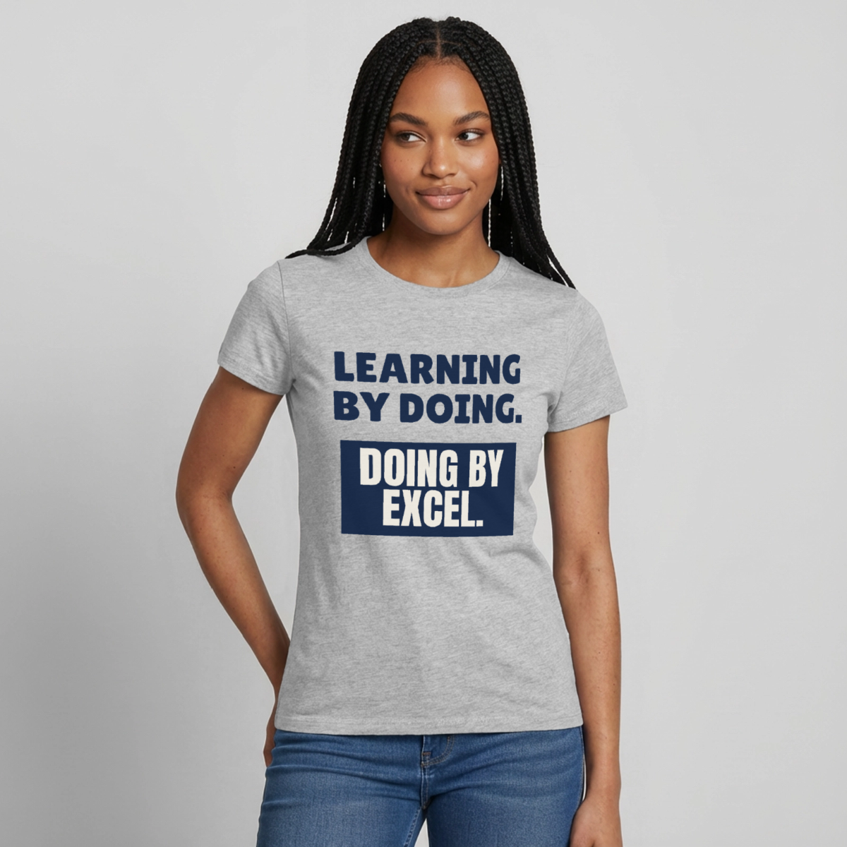"Learning by doing. Doing by Excel." Motiv-T-Shirt für Frauen, Farbe Grau meliert
