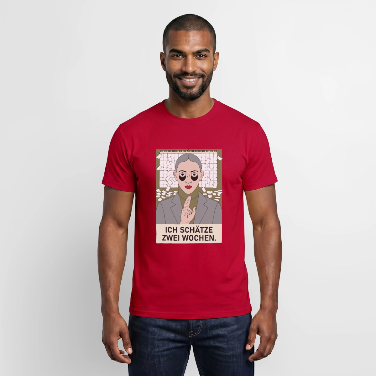 Ich schätze zwei Wochen. Porträt-Motiv Motiv-T-Shirt für Männer, Farbe Rot, Model