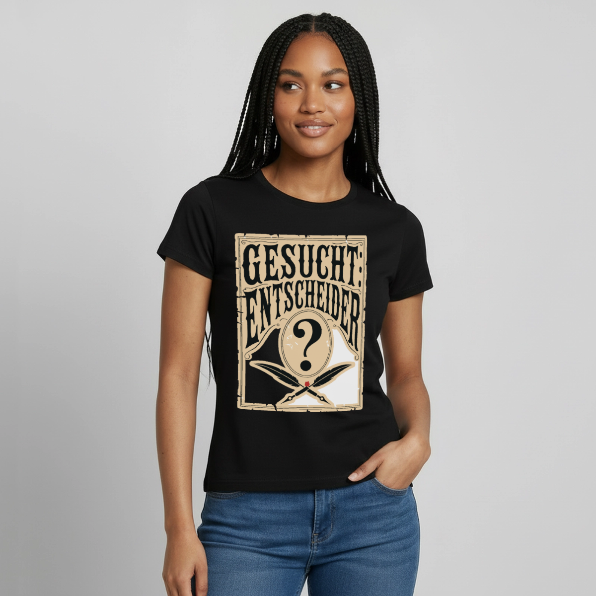 "Gesucht: Entscheider. Steckbrief-Motiv" Motiv-T-Shirt für Frauen, Farbe Schwarz, Model