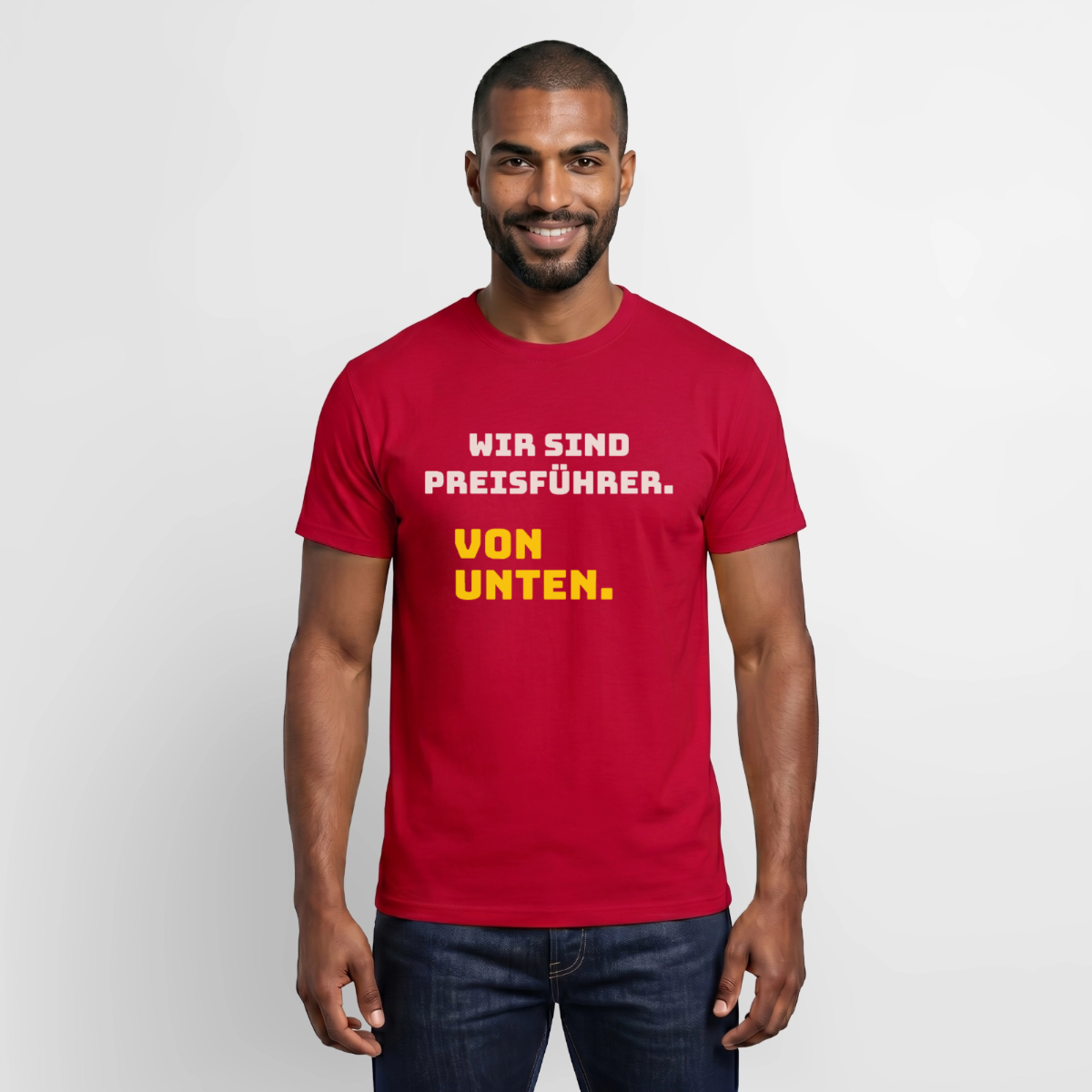 "Wir sind Preisführer. Von unten." Motiv-T-Shirt für Männer, Farbe Rot