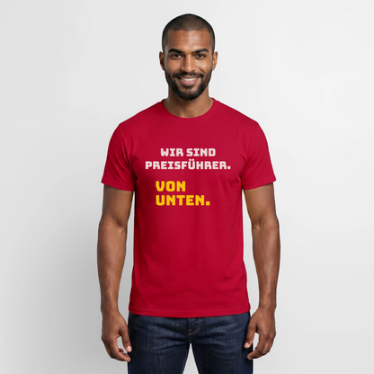 "Wir sind Preisführer. Von unten." Motiv-T-Shirt für Männer, Farbe Rot