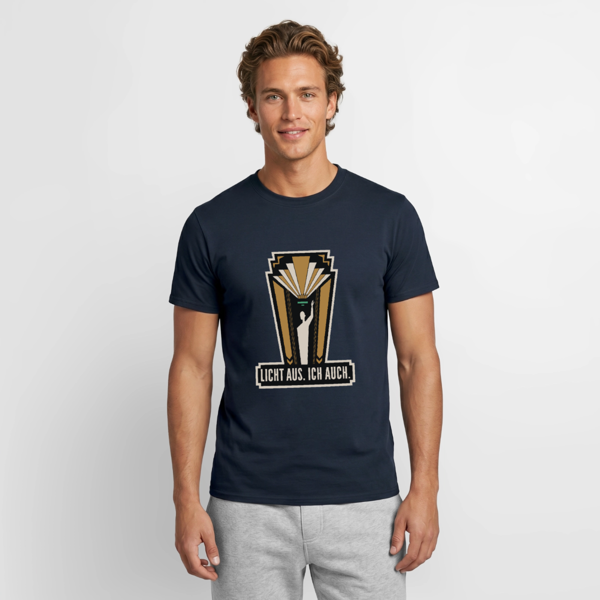 "Licht aus. Ich auch. Art-déco-Motiv" Motiv-T-Shirt für Männer, Farbe Navy