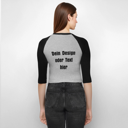 Frauen Cropped Baseball T-Shirt 3/4 Arm - personalisierbare Vorder- und Rückseite - Grau meliert/Schwarz