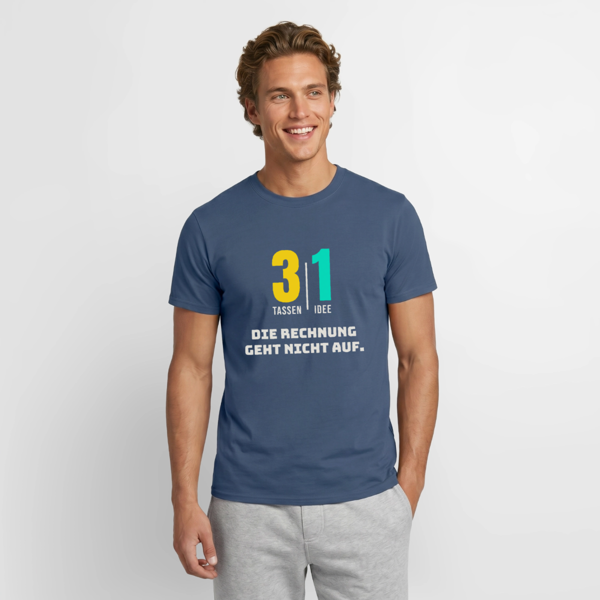"3 Tassen, 1 Idee. Die Rechnung geht nicht auf." Motiv-T-Shirt für Männer, Farbe Dunkles Denimblau