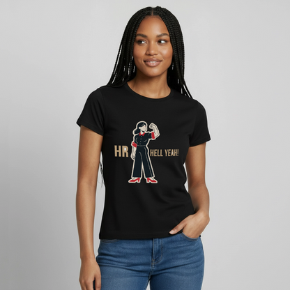 "HR. Hell yeah!" Motiv-T-Shirt für Frauen, Farbe Schwarz, Model