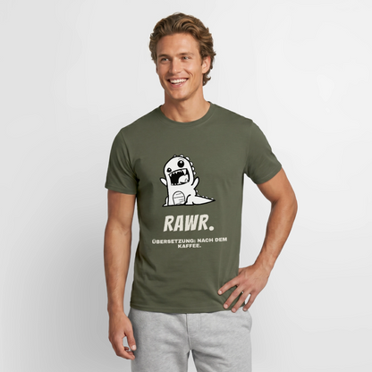 "Rawr. Übersetzung: nach dem Kaffee." Motiv-T-Shirt für Männer, Farbe Militärgrün