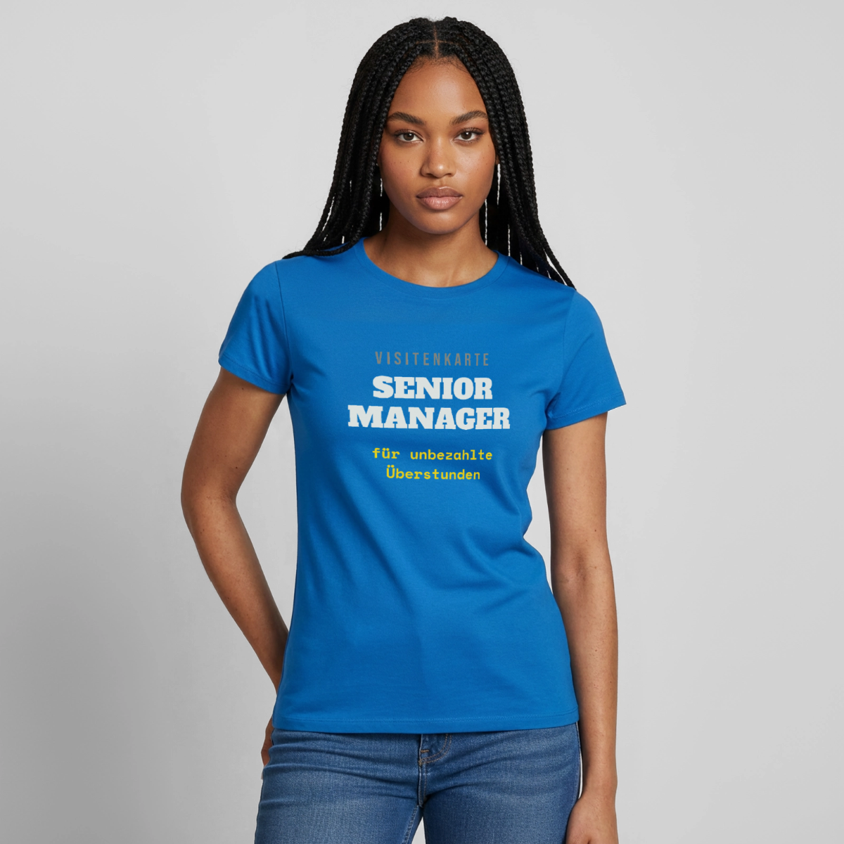 "Senior Manager für unbezahlte Überstunden" Motiv-T-Shirt für Frauen, Farbe Royalblau