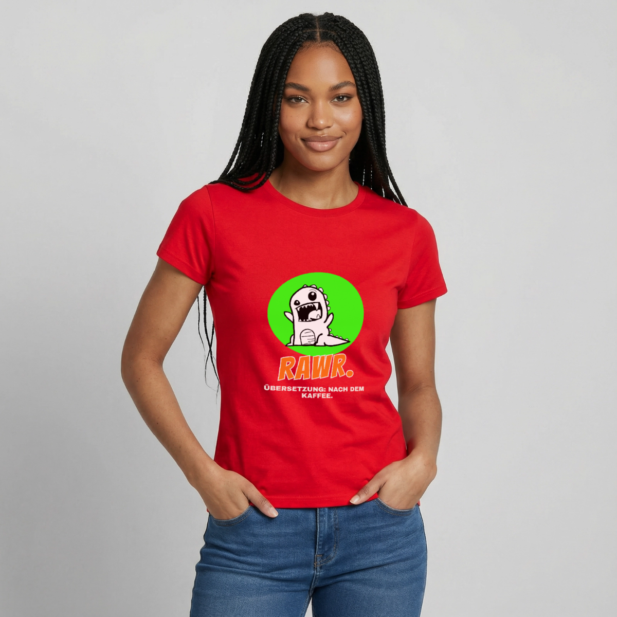 "Rawr. Übersetzung: nach dem Kaffee. Sticker-Motiv" Motiv-T-Shirt für Frauen, Farbe Rot