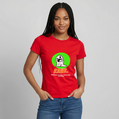 "Rawr. Übersetzung: nach dem Kaffee. Sticker-Motiv" Motiv-T-Shirt für Frauen, Farbe Rot