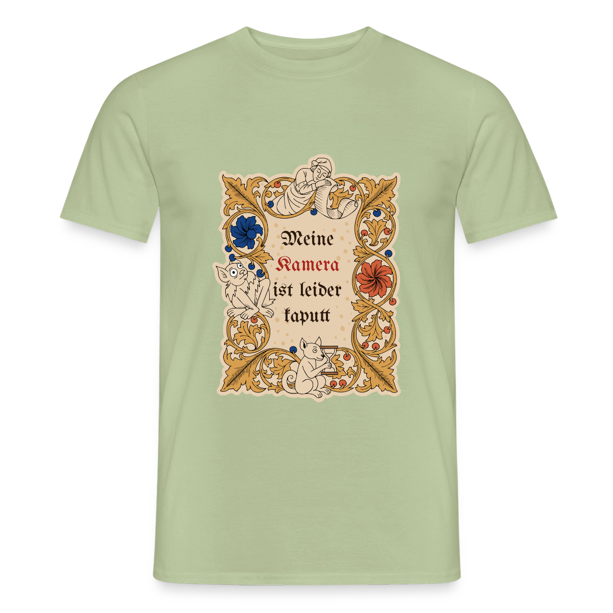 "Meine Kamera ist leider kaputt. Buchmalerei-Motiv" Motiv-T-Shirt für Männer, Farbe Sage