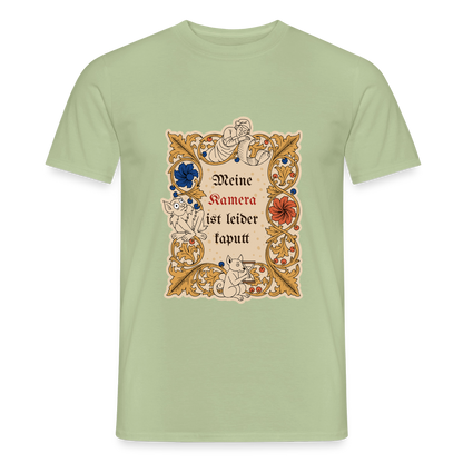 "Meine Kamera ist leider kaputt. Buchmalerei-Motiv" Motiv-T-Shirt für Männer, Farbe Sage