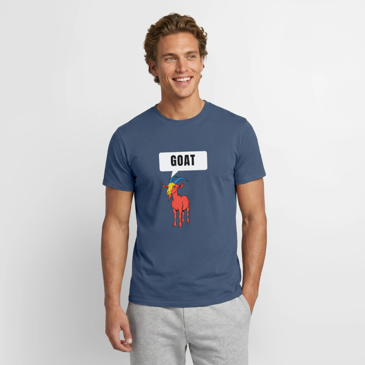 GOAT. Schild-Motiv Motiv-T-Shirt für Männer, Farbe Dunkles Denimblau, Model