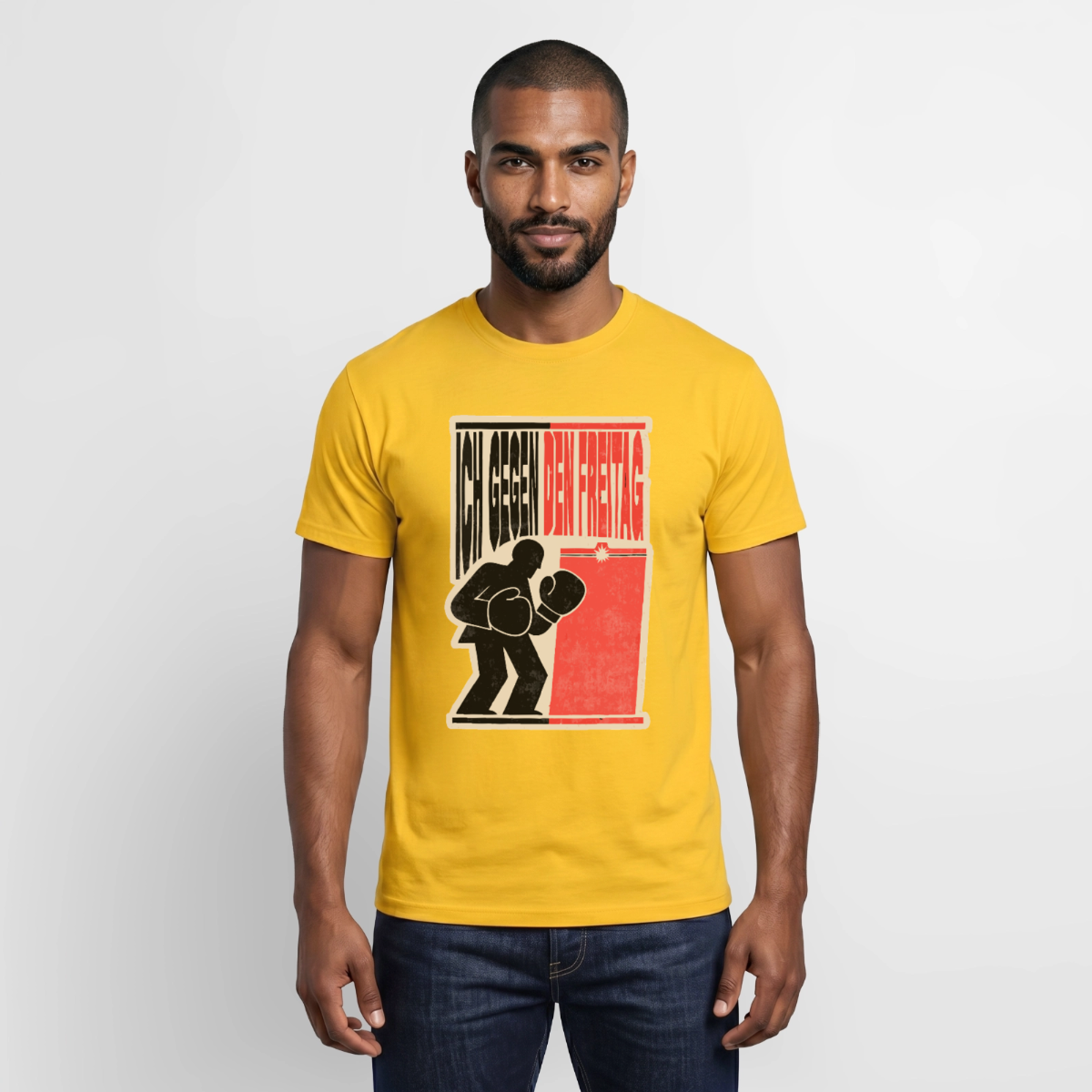 "Ich gegen den Freitag. Boxplakat-Motiv" Motiv-T-Shirt für Männer, Farbe Gelb