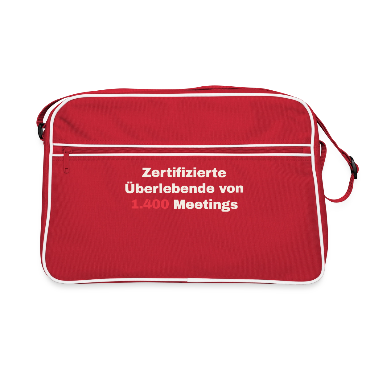"Zertifizierte Überlebende von 1.400 Meetings" Motiv-Retro-Tasche, Farbe Rot/Weiß