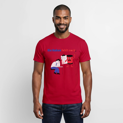 "Ein Haken fehlt noch. Comic-Motiv" Motiv-T-Shirt für Männer, Farbe Rot