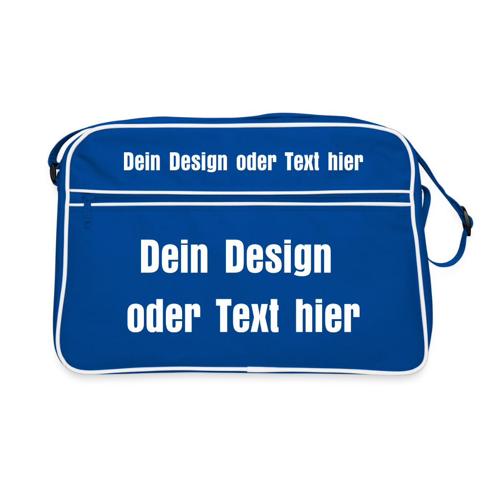 Retro Tasche mit Reißverschluss - personalisierbar - Blau/Weiß