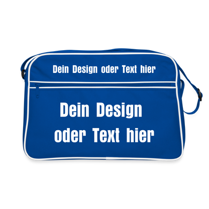 Retro Tasche mit Reißverschluss - personalisierbar - Blau/Weiß