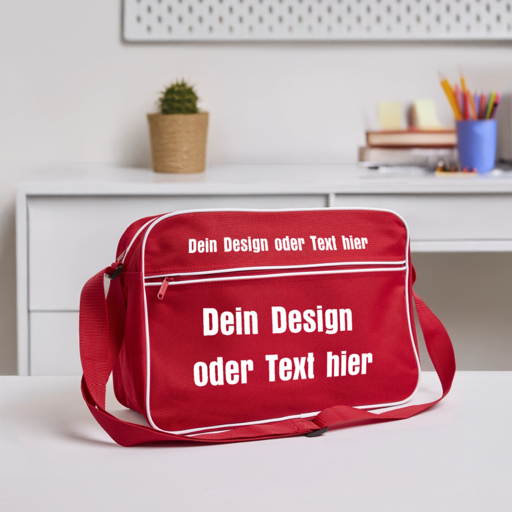 Retro Tasche mit Reißverschluss - personalisierbar - Rot/Weiß
