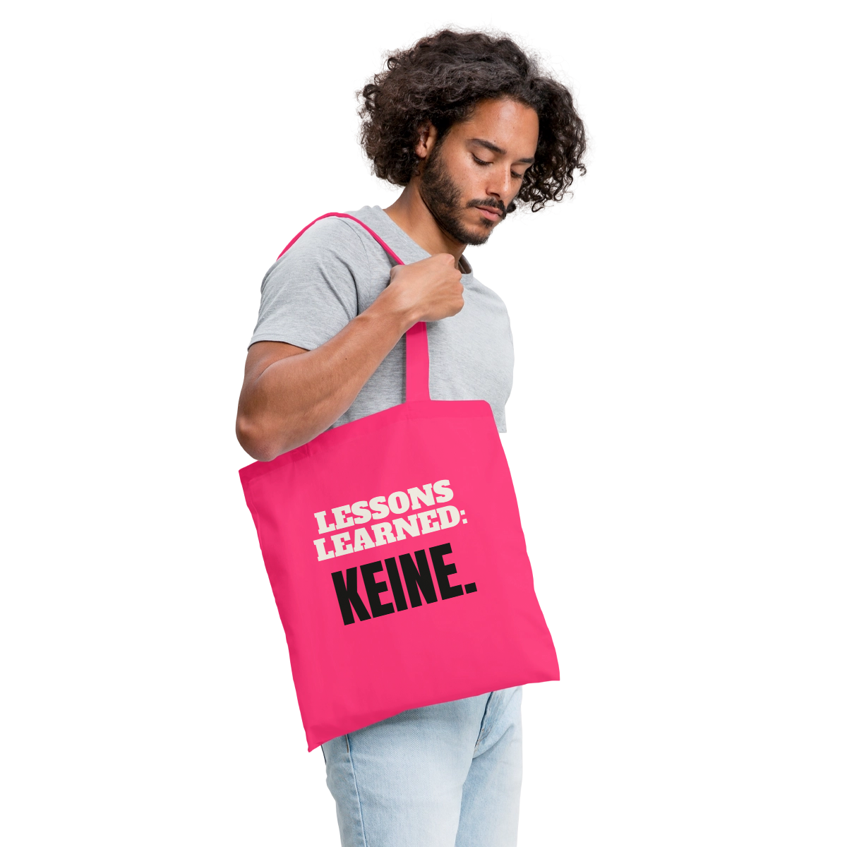 "Lessons learned: keine." Stoffbeutel, Farbe Azalea, Model