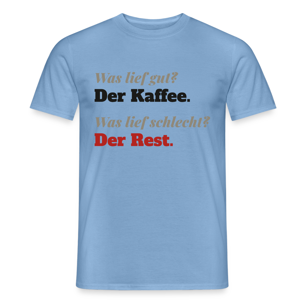 "Was lief gut? Der Kaffee. Was lief schlecht? Der Rest." Motiv-T-Shirt für Männer, Farbe Carolina Blue
