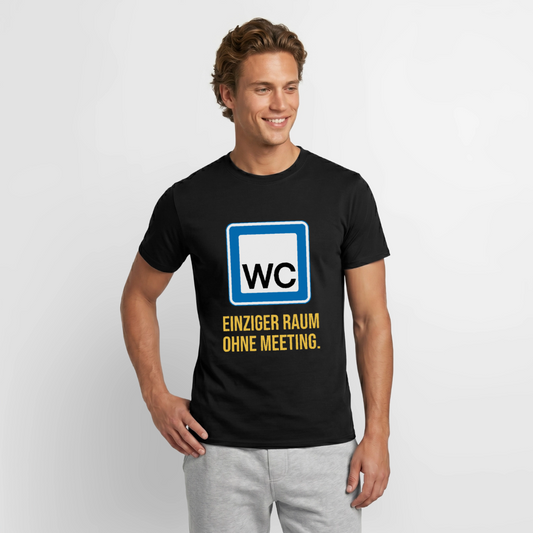 "WC: einziger Raum ohne Meeting. Schild-Motiv" Motiv-T-Shirt für Männer, Farbe Schwarz