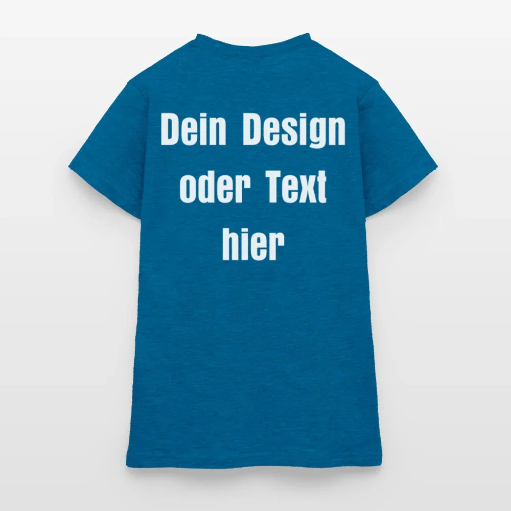 Frauen T-Shirt - personalisierbare Vorder- und Rückseite - Antikblaues Saphir meliert