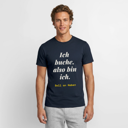 "Ich buche, also bin ich." Motiv-T-Shirt für Männer, Farbe Navy