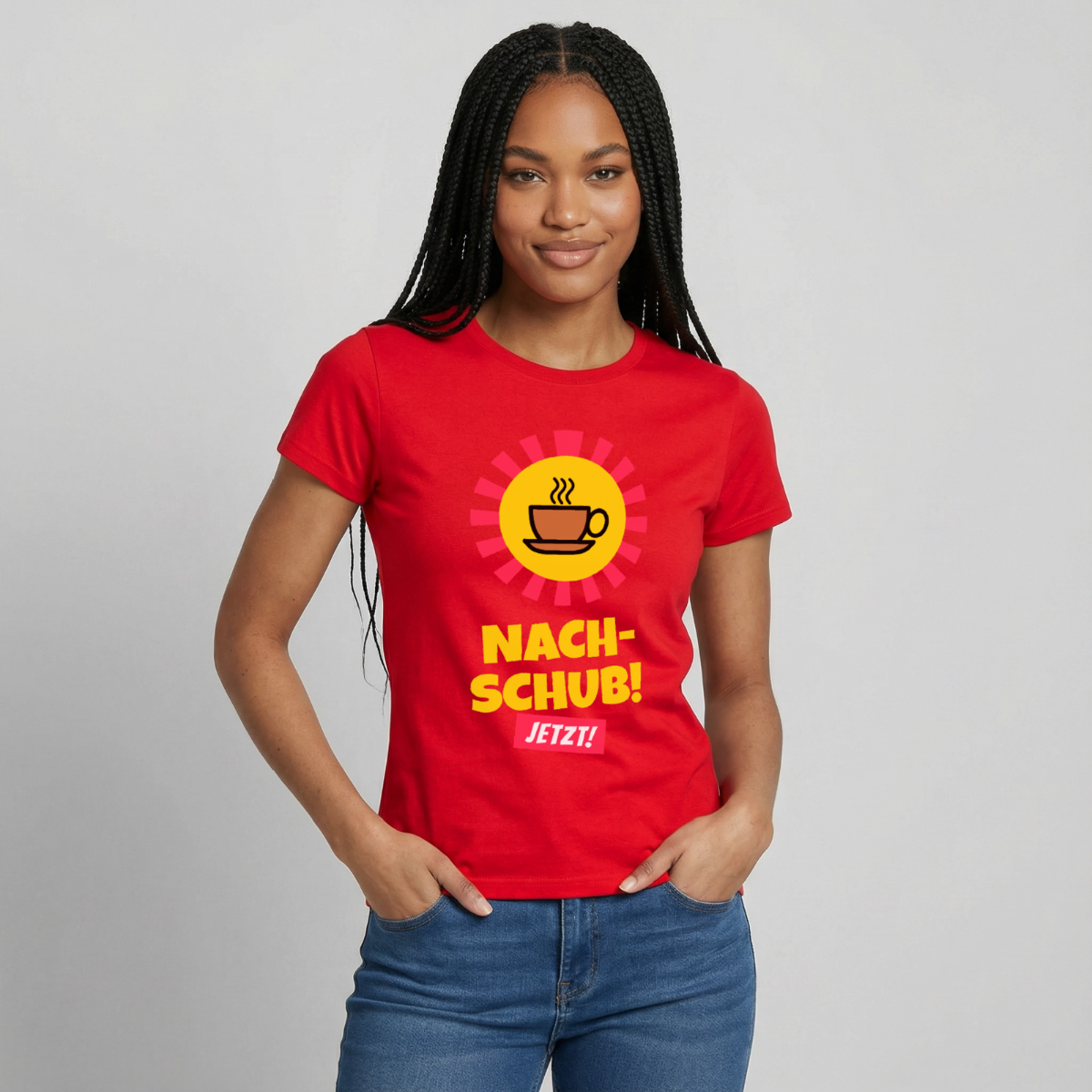 "Nachschub! Jetzt!" Motiv-T-Shirt für Frauen, Farbe Rot
