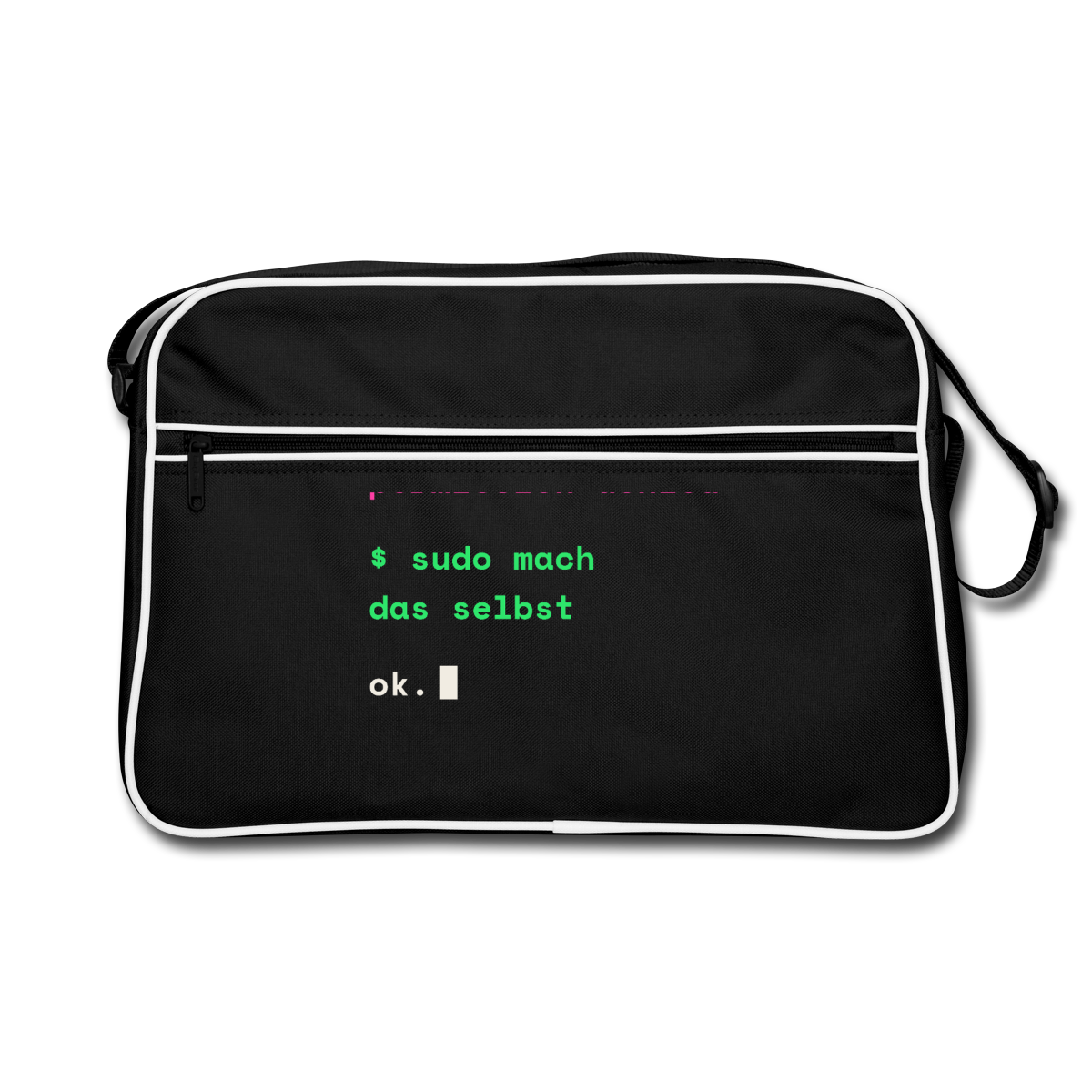 "Mach das mal. Permission denied. Sudo mach das selbst." Motiv-Retro-Tasche, Farbe Schwarz/Weiß