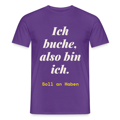 "Ich buche, also bin ich." Motiv-T-Shirt für Männer, Farbe Lila