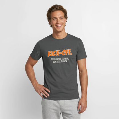 "Kick-off: der einzige Termin, den alle finden." Motiv-T-Shirt für Männer, Farbe Anthrazit