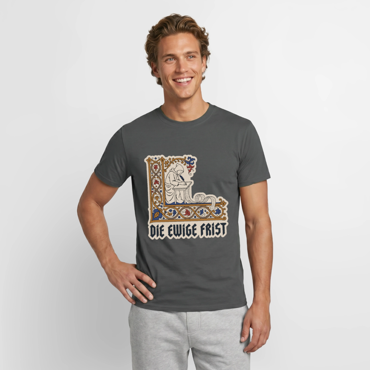 "Die ewige Frist. Buchmalerei-Motiv" Motiv-T-Shirt für Männer, Farbe Anthrazit