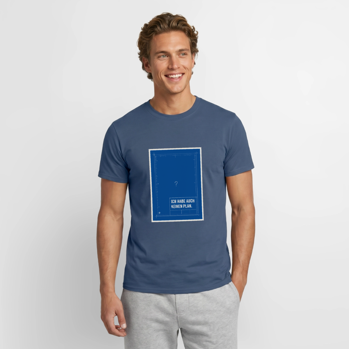 Ich habe auch keinen Plan. Motiv-T-Shirt für Männer, Farbe Dunkles Denimblau, Model