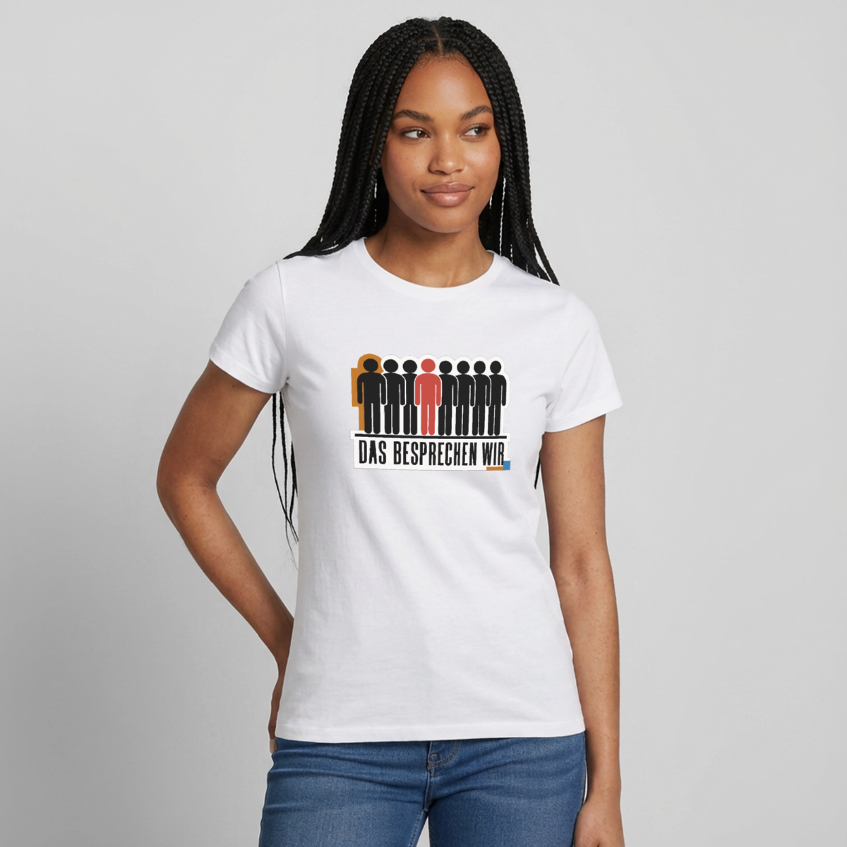 "Das besprechen wir. Isotype-Motiv" Motiv-T-Shirt für Frauen, Farbe Weiß