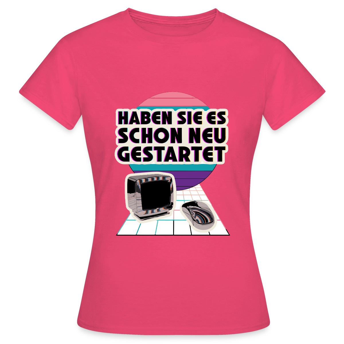 Haben Sie es schon neu gestartet? Vaporwave-Motiv Motiv-T-Shirt für Frauen, Farbe Azalea