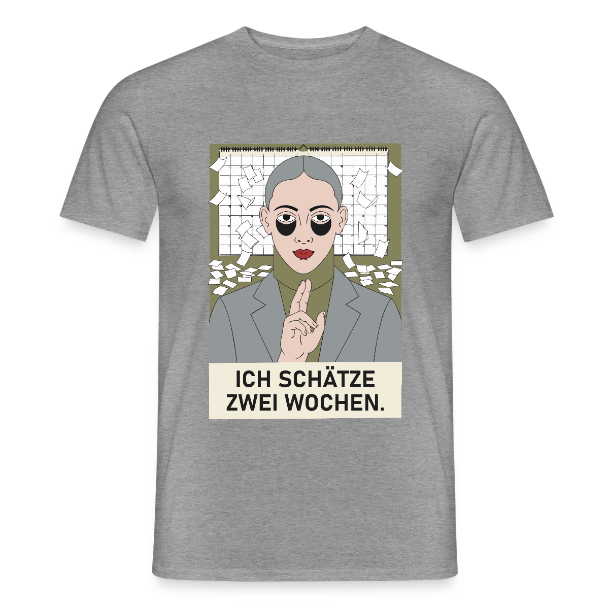 Ich schätze zwei Wochen. Porträt-Motiv Motiv-T-Shirt für Männer, Farbe Graphit meliert