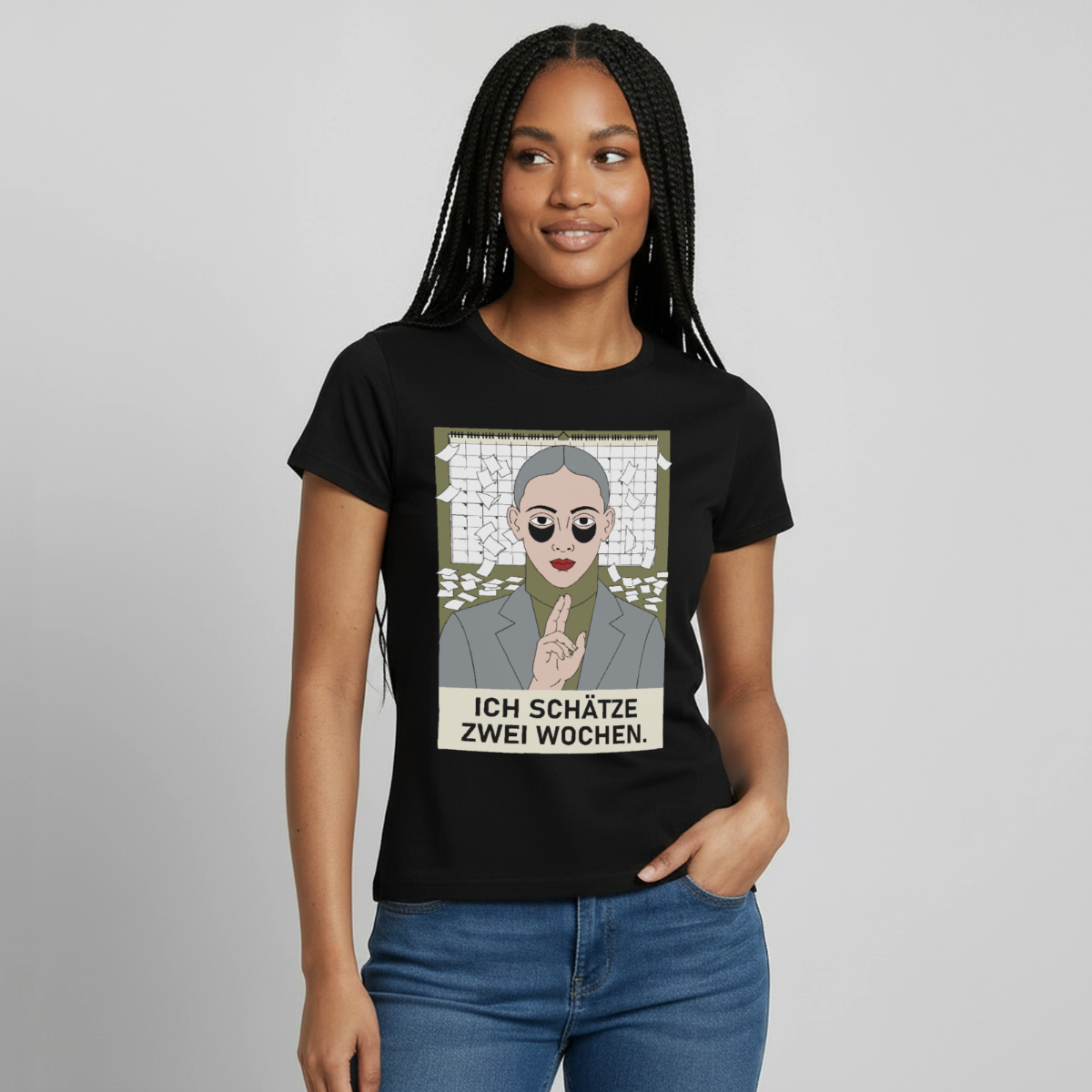 Ich schätze zwei Wochen. Porträt-Motiv Motiv-T-Shirt für Frauen, Farbe Schwarz, Model