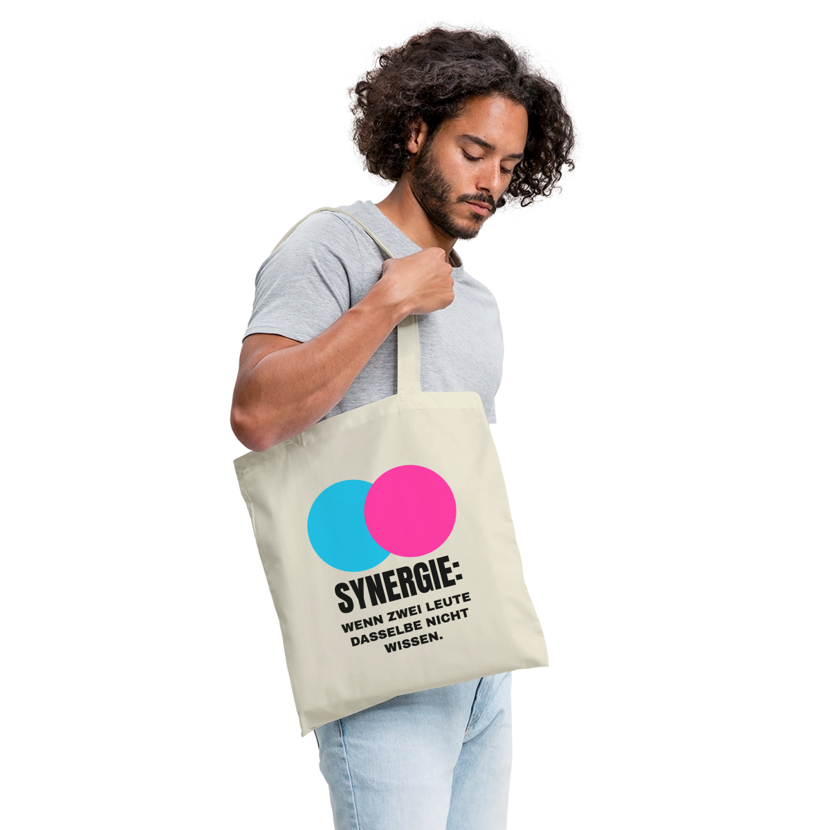 Synergie: Wenn zwei Leute dasselbe nicht wissen. Stoffbeutel, Farbe Natur, Model