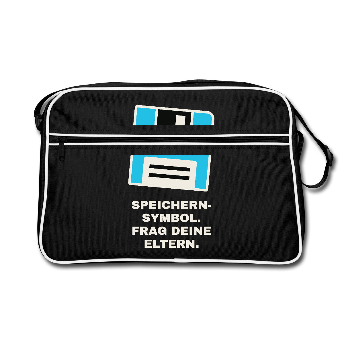 "Speichern-Symbol. Frag deine Eltern." Motiv-Retro-Tasche, Farbe Schwarz/Weiß