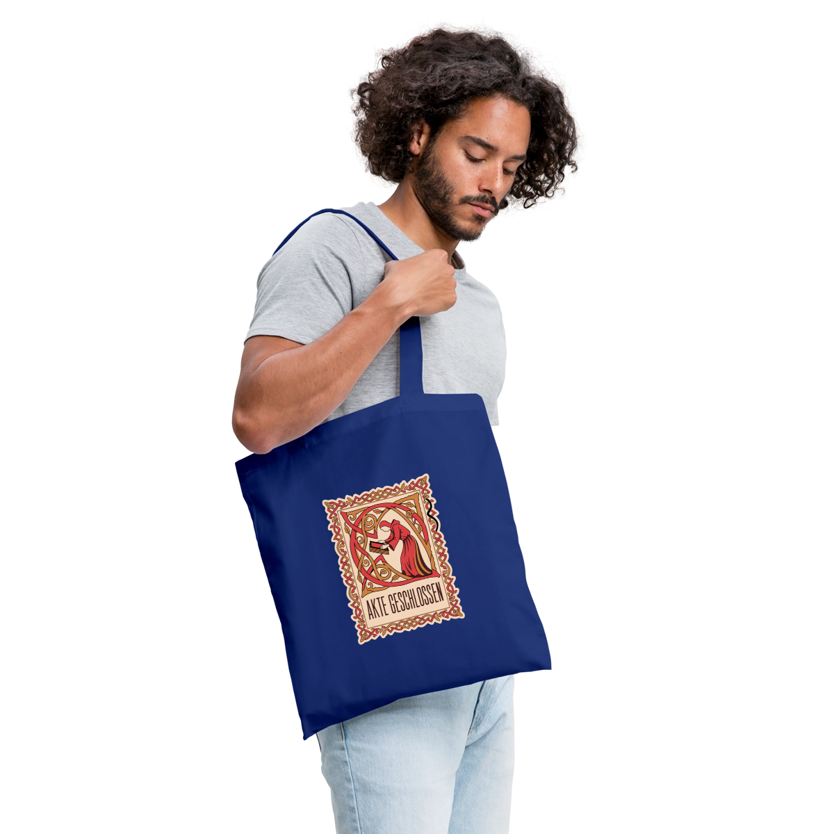 "Akte geschlossen. Buchmalerei-Motiv" Stoffbeutel, Farbe Royalblau