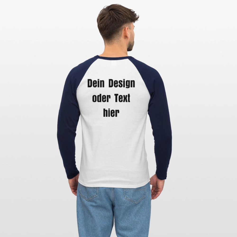 Männer Baseballshirt langarm - personalisierbare Vorder- und Rückseite - Weiß/Navy