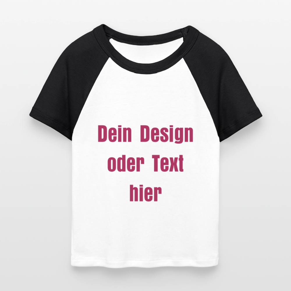 Frauen Cropped Baseball T-Shirt - personalisierbare Vorder- und Rückseite - Weiß/Schwarz