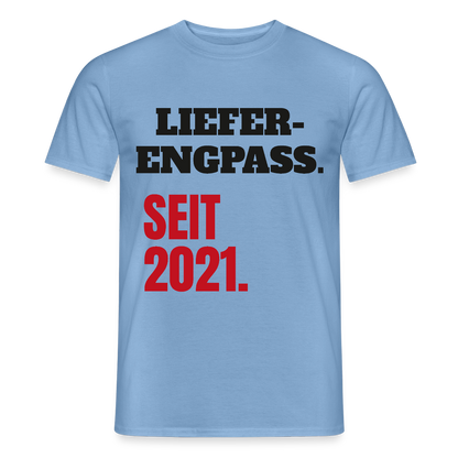 "Lieferengpass. Seit 2021." Motiv-T-Shirt für Männer, Farbe Carolina Blue