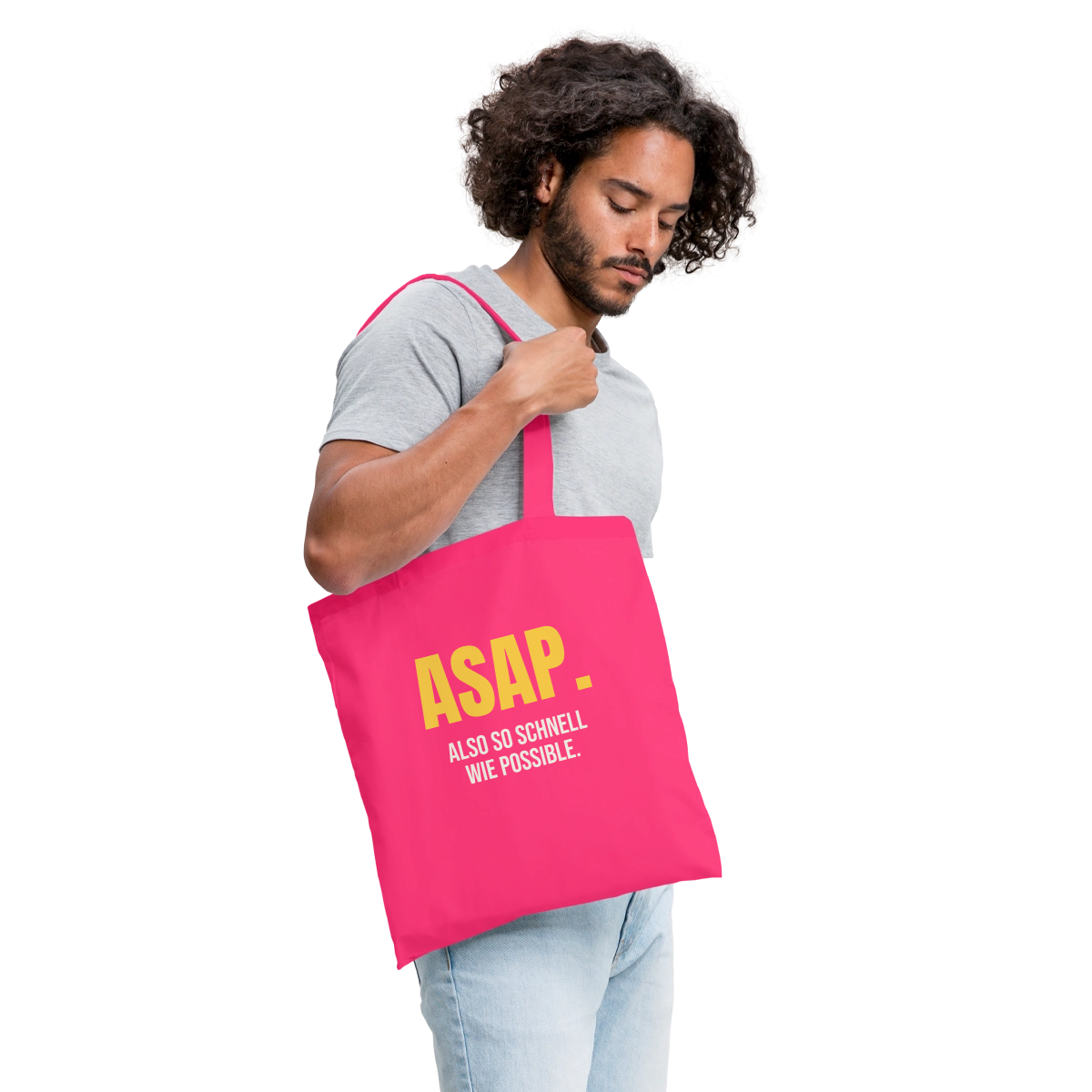 "ASAP. Also so schnell wie possible." Stoffbeutel, Farbe Azalea, Model