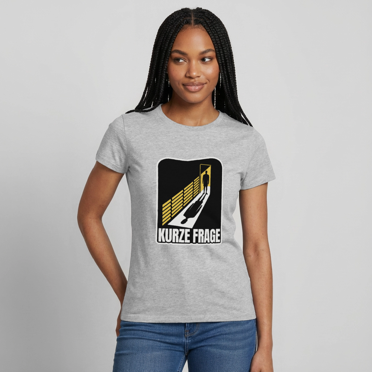 Kurze Frage. Film-noir-Motiv Motiv-T-Shirt für Frauen, Farbe Grau meliert, Model