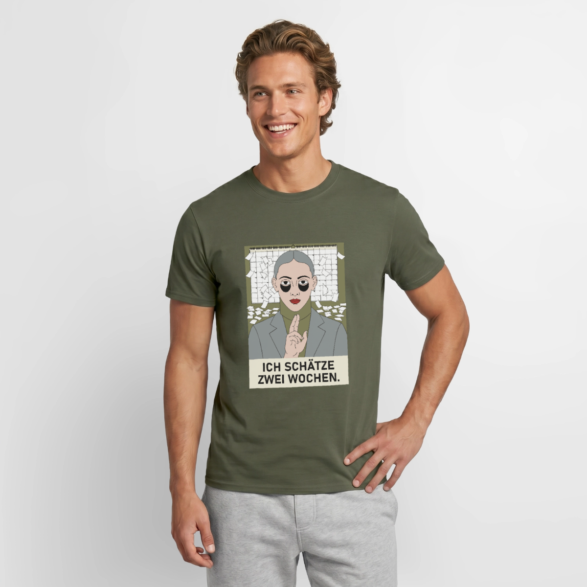 Ich schätze zwei Wochen. Porträt-Motiv Motiv-T-Shirt für Männer, Farbe Militärgrün, Model