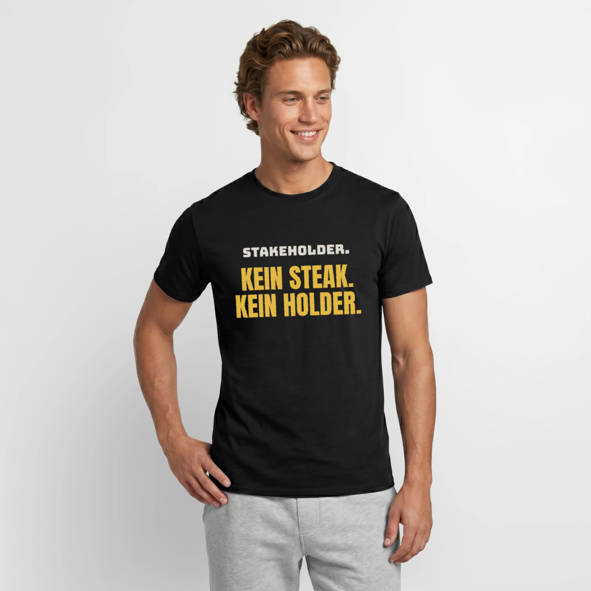 "Stakeholder. Kein Steak. Kein Holder." Motiv-T-Shirt für Männer, Farbe Schwarz